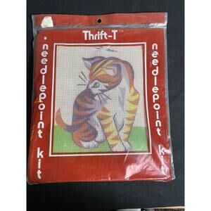 Vintage Cat Needle Point Kit, Thrift T Full Color Design on Cotton Canvas